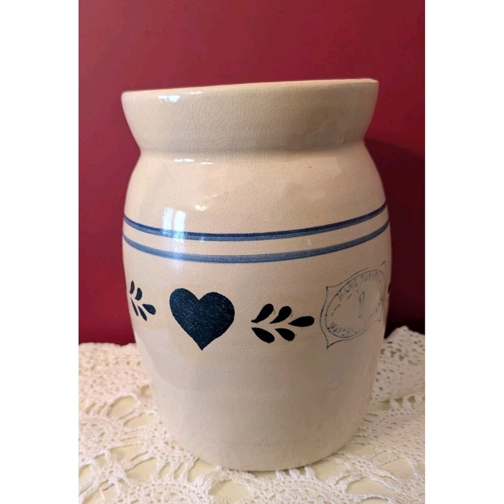 Rare Vintage Marshall Pottery #1 Crock Blue Heart Hand Turned,  Signed, 1 Gallon
